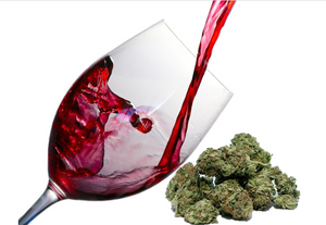 Red wine being poured into a glass with Cannabis buds in the background