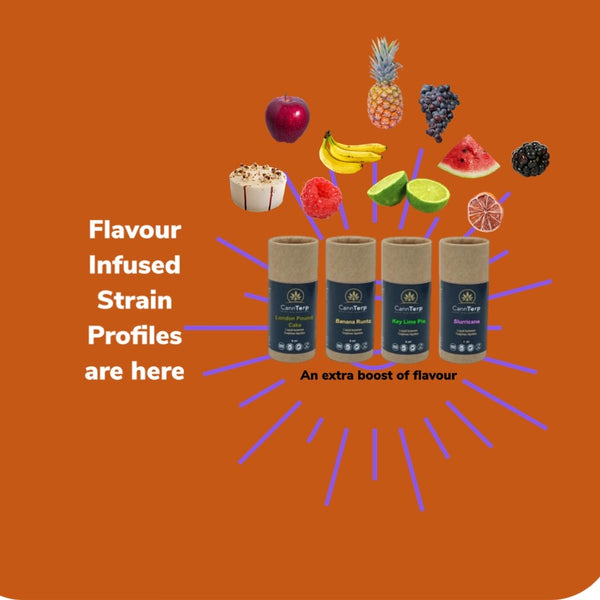 Collection picture showing flavour boosted terpene strain profile line with the products in image in a burst ray pattern with a lot of fruit showing flavour and aromatic profiles it also includes key messages