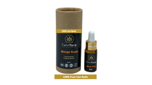 Mango Kush - 100% Pure Live Resin Terpene Strain Profile showing Packaging, Vial and Dropper