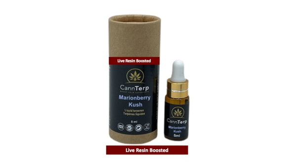 Marionberry Kush - Live Resin Infused Terpene Strain Profile showing Packaging, Vial and Dropper