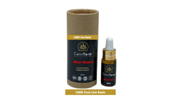 Maui Wowie - 100% Pure Live Resin Terpene Strain Profile showing Packaging, Vial and Dropper