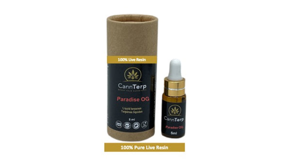 Paradise OG - 100% Pure Live Resin Terpene Strain Profile showing Packaging, Vial and Dropper