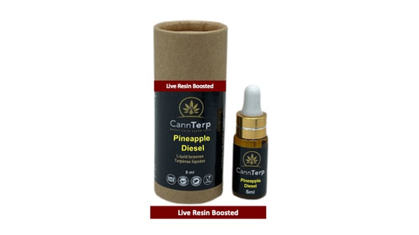 Pineapple Diesel - Live Resin Infused Terpene Strain Profile showing Packaging, Vial and Dropper